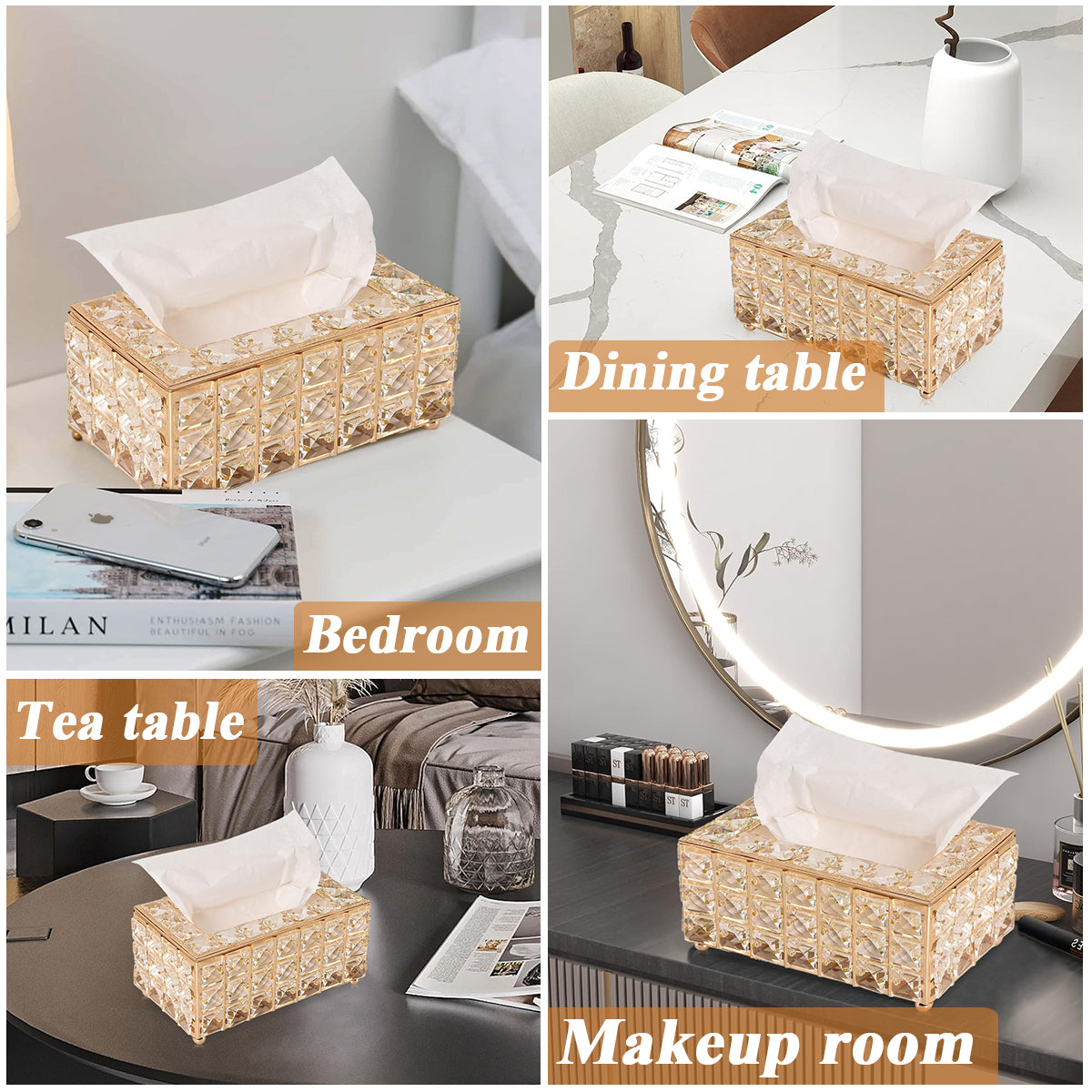 HASTHIP® Tissue Box Holder with Crystal Glass Beads, Paper Napkin Holder for Car, Crystal Napkin Holder Facial Tissue Holder Tissue Box Holder for Bathroom Kitchen Dining Room, 7.4x4.3x3.9 Inches