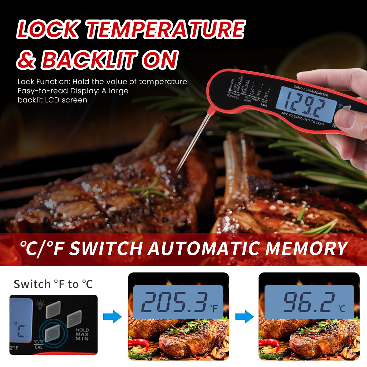 Meat Thermometer Digital for Grilling and Cooking, Waterproof Ultra-Fast Instant Read Food thermometers with Folding Probe Backlight & Calibration for Kitchen, Deep Fry, BBQ, Grill