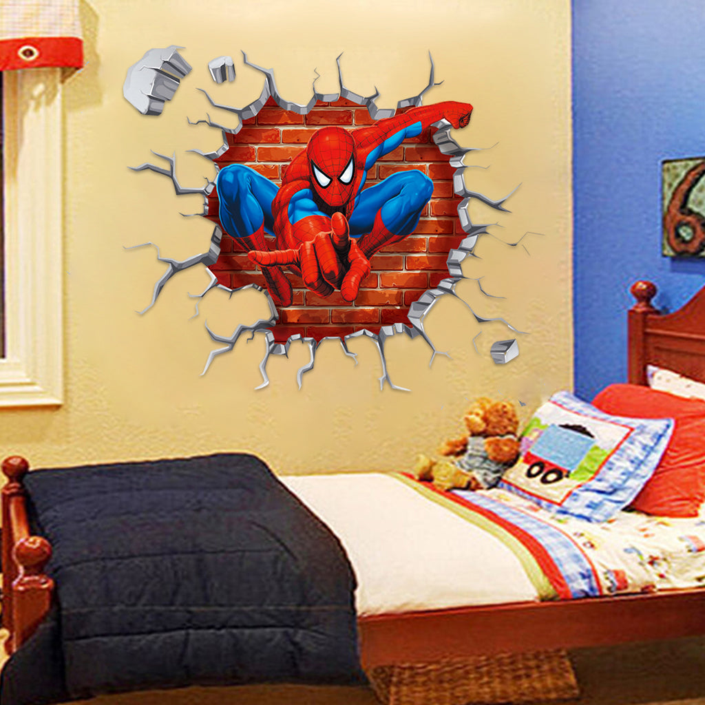 1 Sheet 3D Wall Paper Sticker Superhero Spiderman 3D Wall Paper Self Adhesive PVC Wall Paper Removable Cartoon 3D Wall Paper for Kids Room, Bed Room, Living Room, 19.6 x19.6 inches