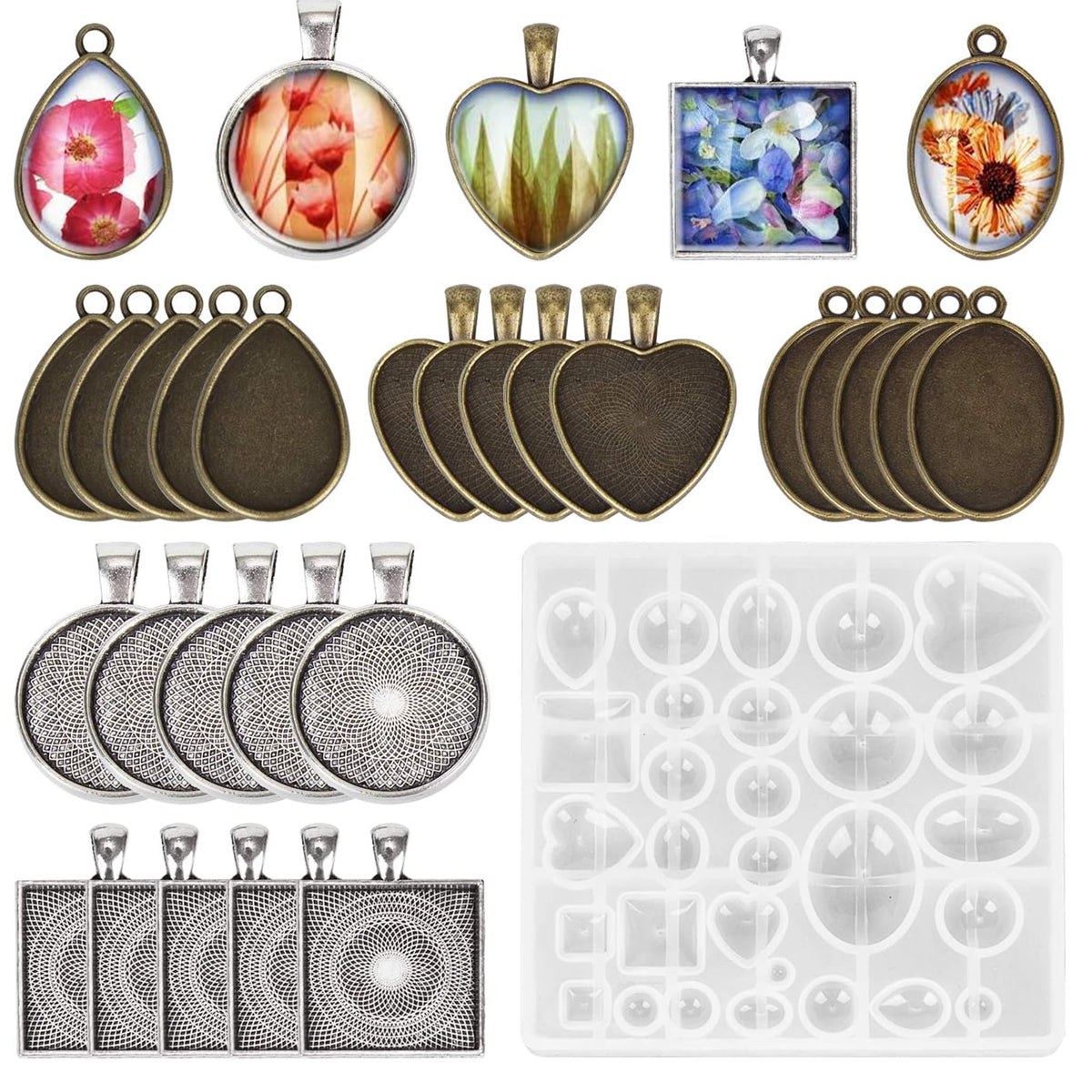 HASTHIP® Resin Molds Set Pendant Trays DIY Jewelry Making Resin Molds Set, 30Pcs 5 Styles Metal Pendant and 1 Pc Silicone Epoxy Jewelry Casting Molds for Pendant Crafting DIY Jewelry Gift Making