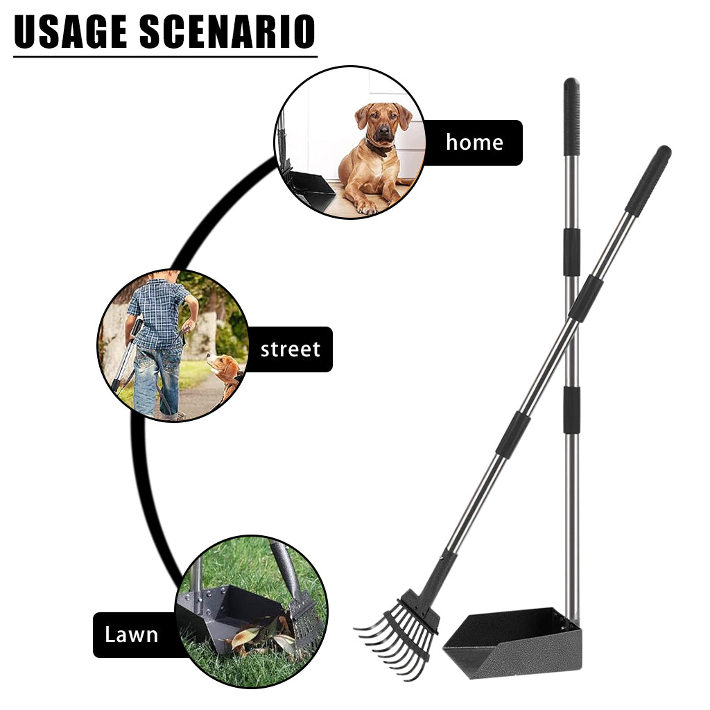 Dog Pooper Scooper Tray Set, Dog Pooper Scooper for Large and Small Dogs with Long Handle, Adjustable Stainless Steel Rake Poo Rake for Dirt, Gravel, Lawns, Grass