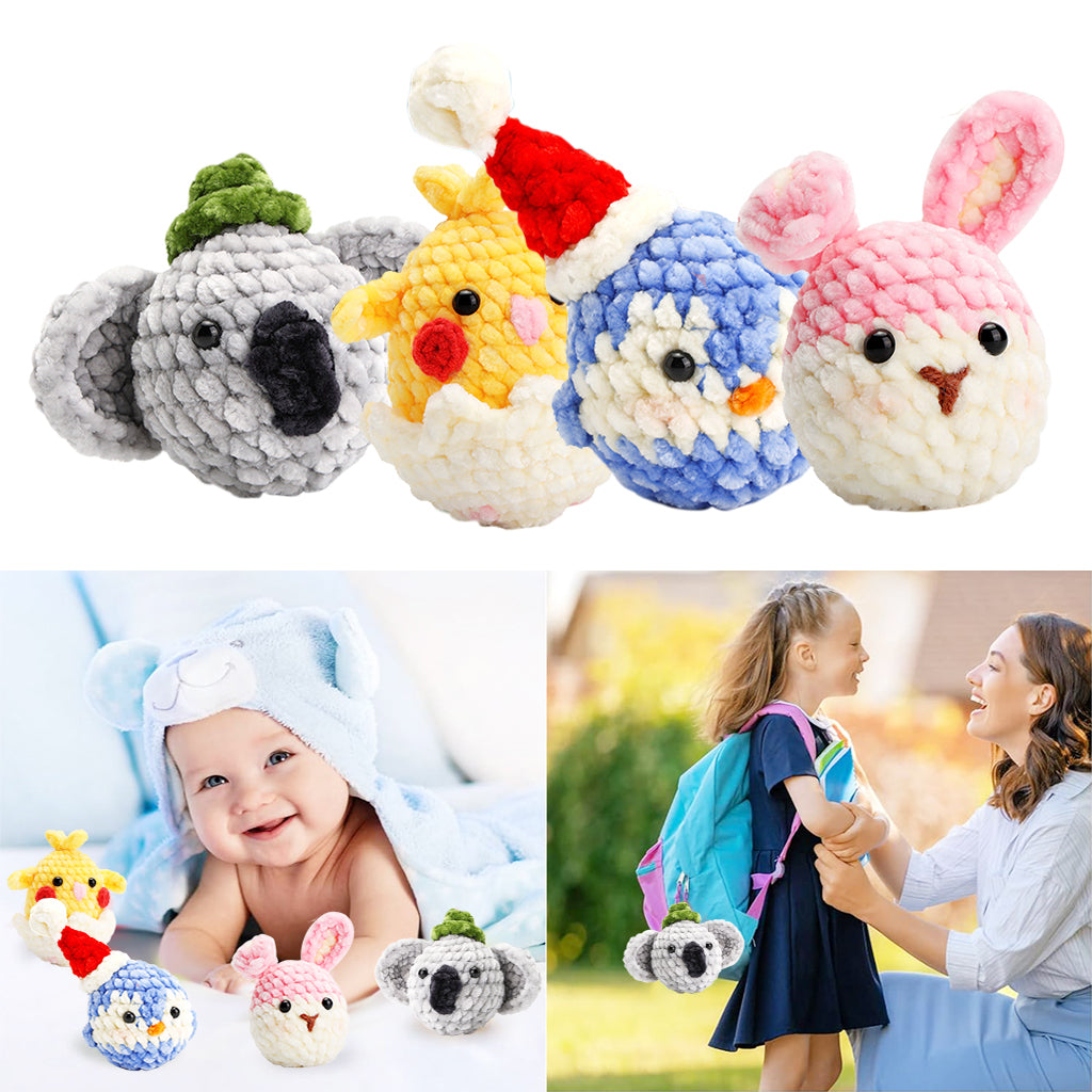 4Pcs DIY Crochet Kit Set Cartoon Chenille Animals Crochet Stuffed Animal Kit Stuffed Toy Desk Decor Keychain Pendent Starter Crochet Cute DIY Cartoon Crocheting Kit DIY Gift for Kids, Adults