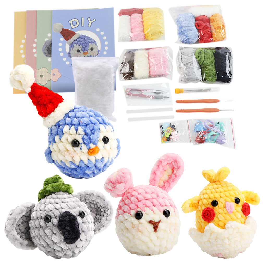 4Pcs DIY Crochet Kit Set Cartoon Chenille Animals Crochet Stuffed Animal Kit Stuffed Toy Desk Decor Keychain Pendent Starter Crochet Cute DIY Cartoon Crocheting Kit DIY Gift for Kids, Adults