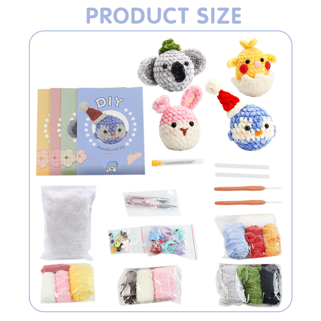 4Pcs DIY Crochet Kit Set Cartoon Chenille Animals Crochet Stuffed Animal Kit Stuffed Toy Desk Decor Keychain Pendent Starter Crochet Cute DIY Cartoon Crocheting Kit DIY Gift for Kids, Adults