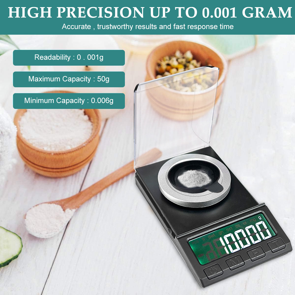 Digital Kitchen Weighing Scale for Home 50g/0.001g Food Weighing Scale for Diet LCD Digital Pocket Scale with Tray Calibration Weight & Tweezer Portable Electronic Kitchen Scale for Jewellery