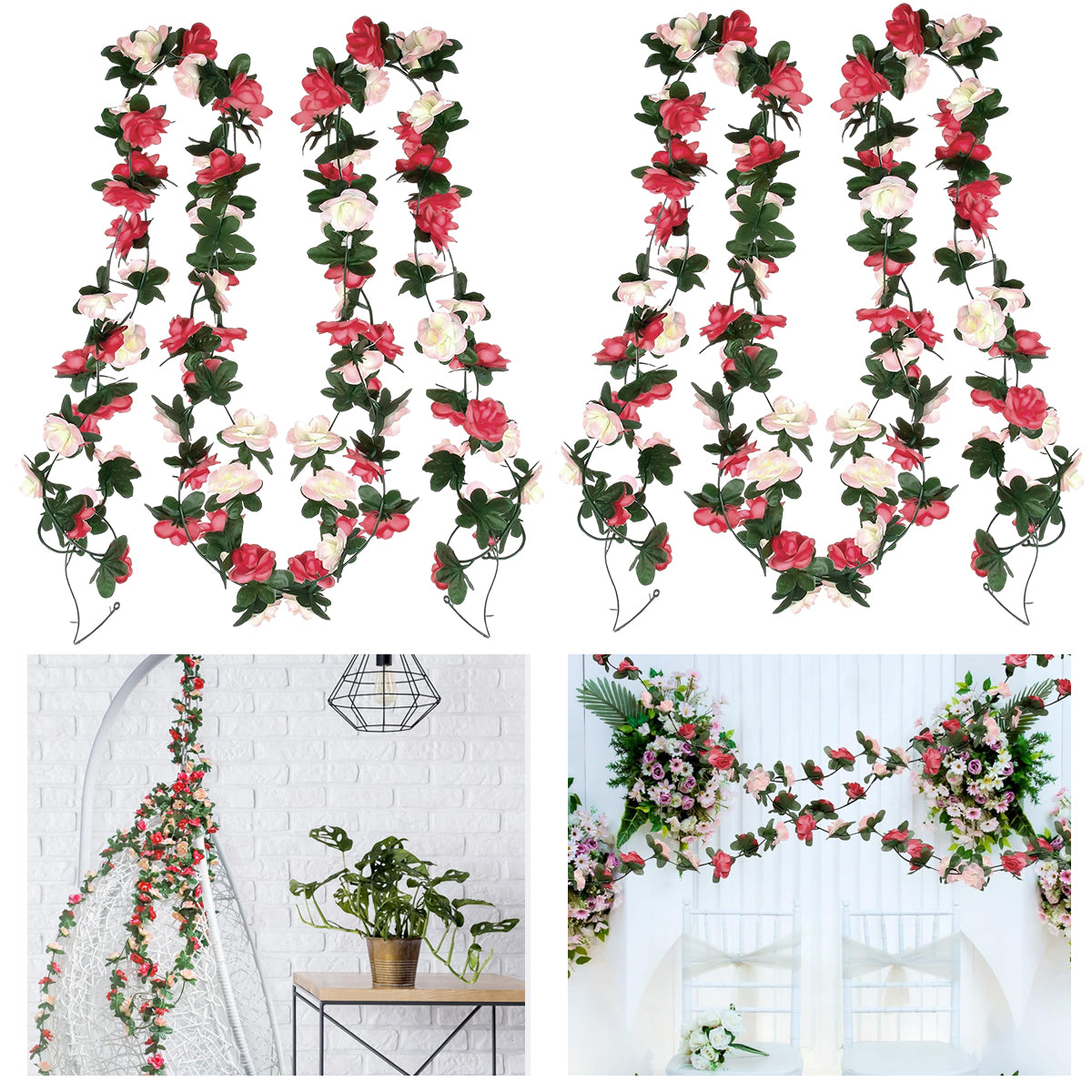 2Pcs Artificial Flower Garlands, Artificial Rose Vine Flowers with Green Leaves Hanging for Room, Anniversary Wedding Birthday Wall Arch Decor