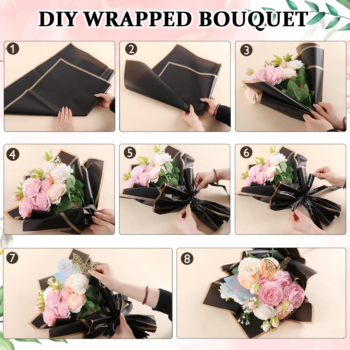 20 Sheets Gift Wrapping Paper Sheets - Waterproof Floral Bouquet Wrapping Paper, Florist Supplies Packaging Paper for Wedding Birthday Gift DIY (Black, 58x58cm)