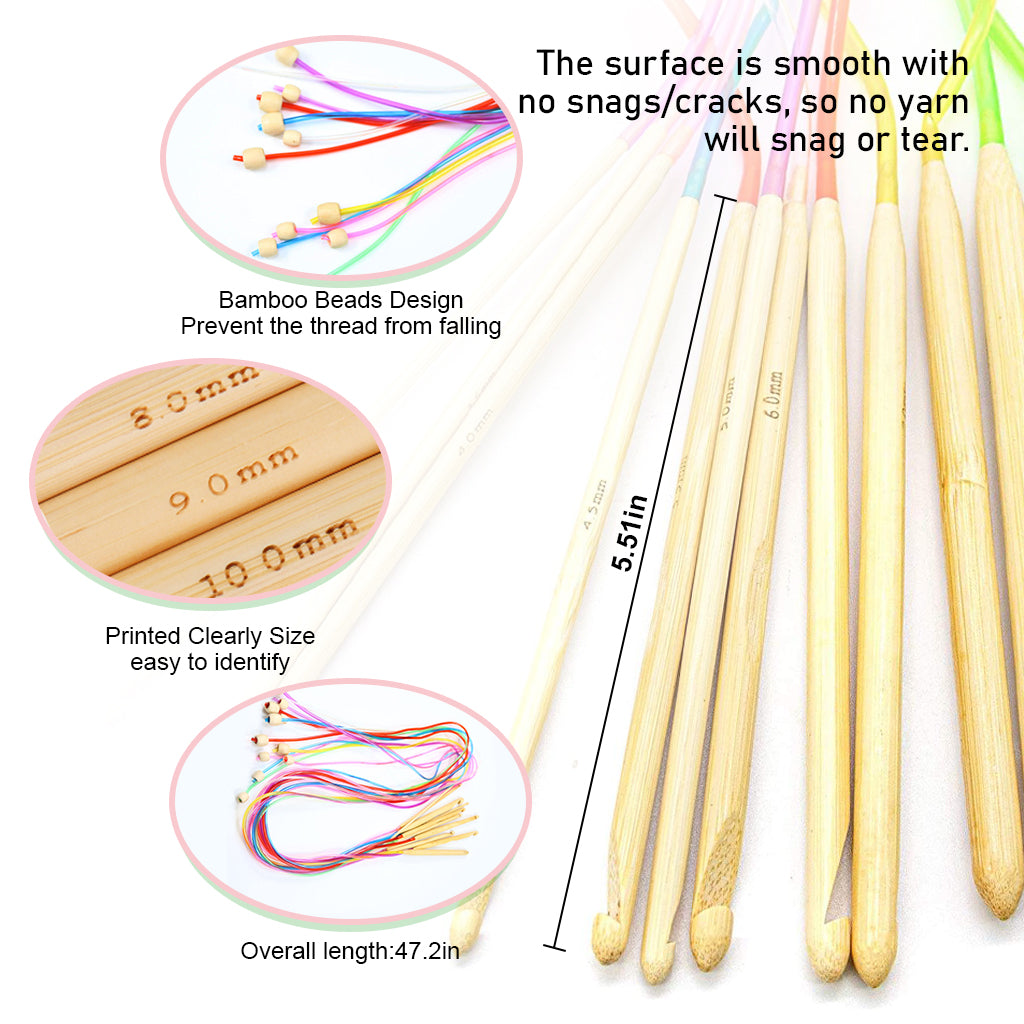 23Pcs Tunisian Crochet Hook Set, 11Pcs Afghan Long Crochet Hooks 2-8 mm & 12Pcs 3-10mm Carbonized Bamboo Afghan Crochet Needles with Cable, Colorful Afghan Crochet Hooks for Beginners