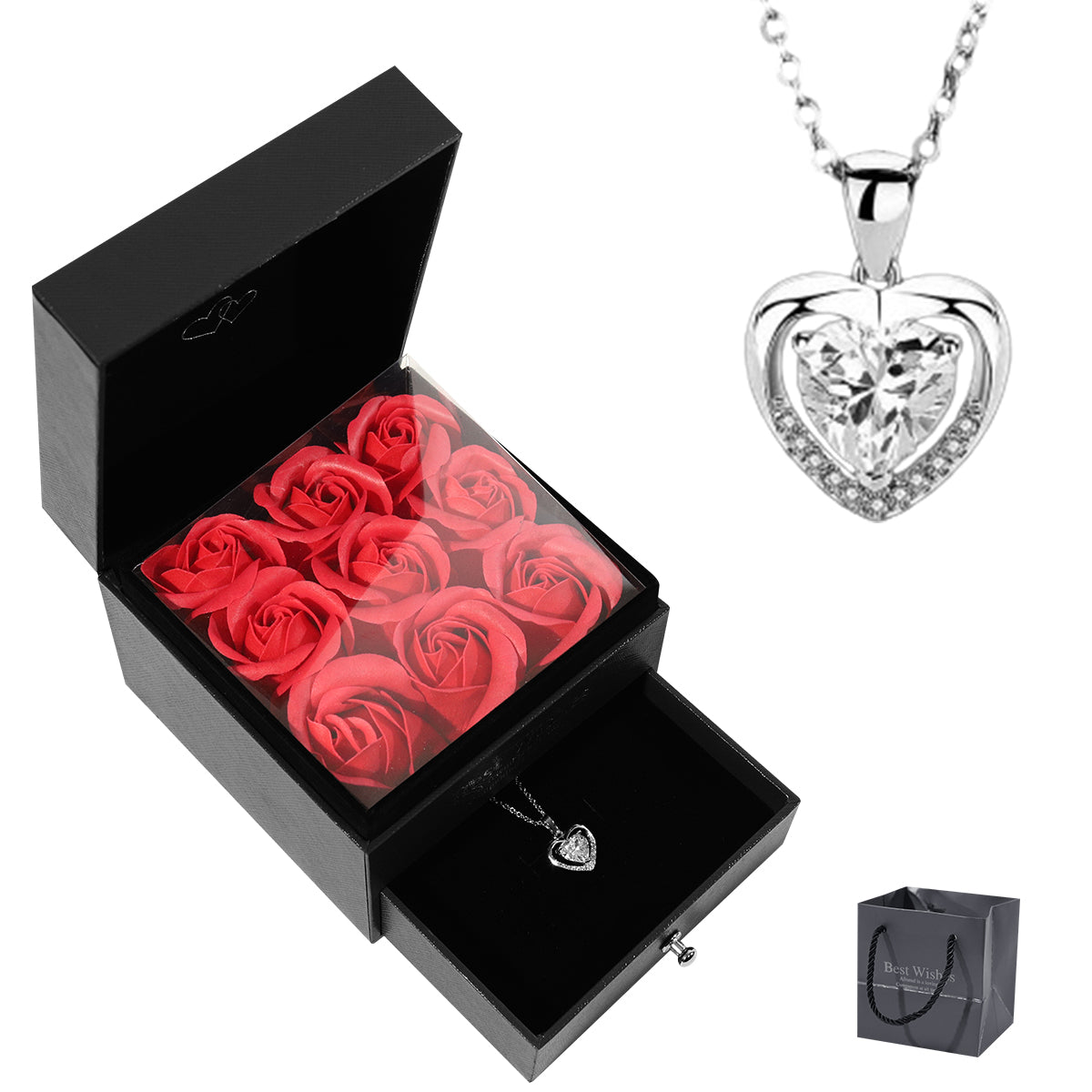 Gifts For Girlfriend, Wife, 9-Piece Preserved Red Rose with I Love You Necklace Eternal Flowers Rose for Mom Wife Girlfriend on Mothers Day Valentines Birthday Anniversary Romantic Gifts