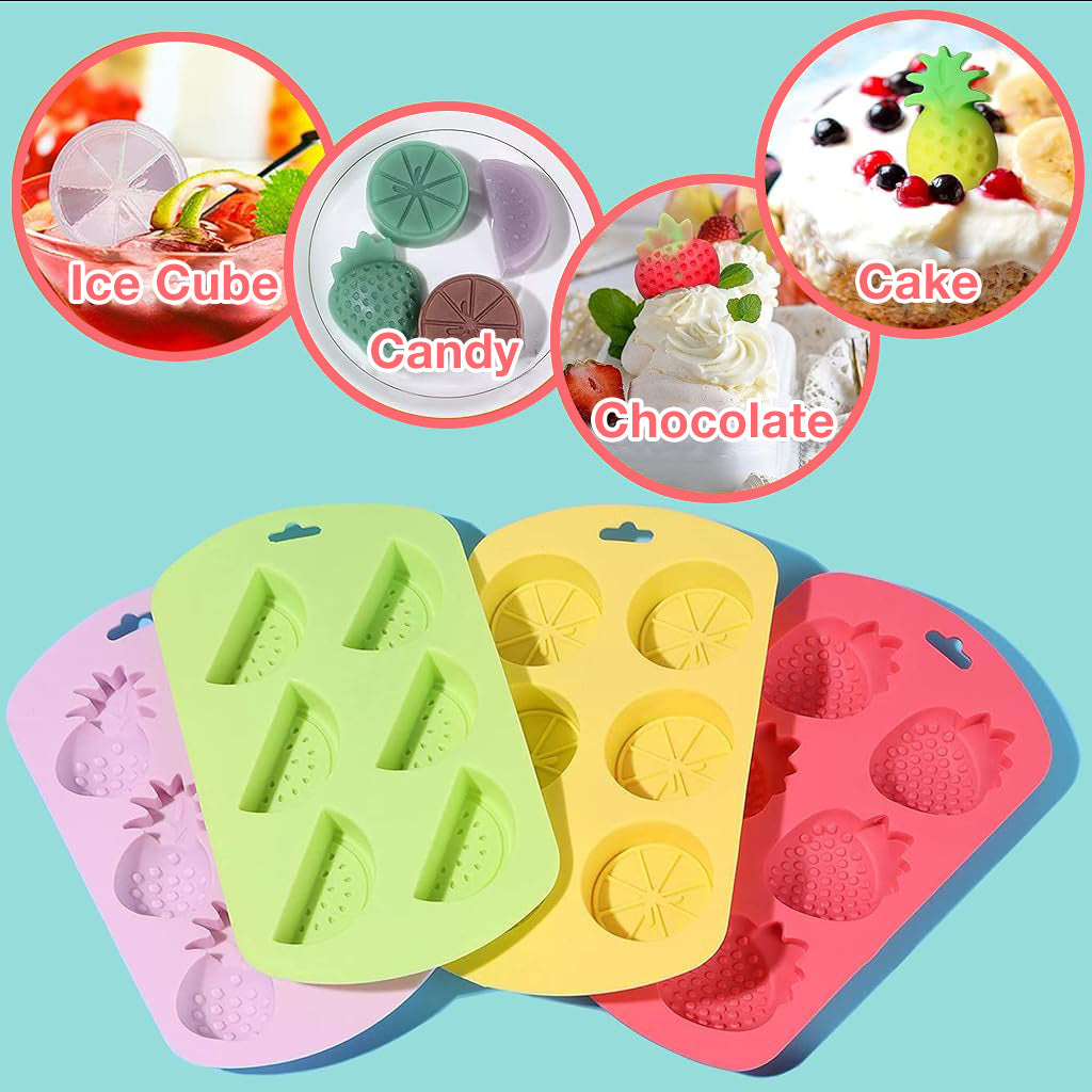 Fruit Molds 4Pcs Food-Grade Silicone Molds with Dripper Fruit Shape Kitchen Molds Baking Tool 6-Grid Kitchen Molds for Chocolate, Candy, Mousse, Ice Cube & Jelly