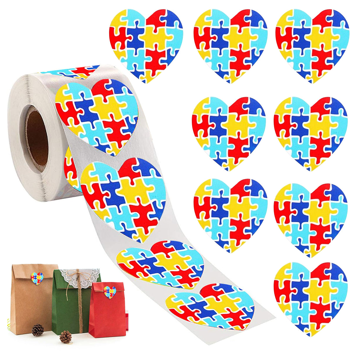 500Pcs Heart-Shaped Autism Stickers - Colorful Puzzle Self-Adhesive Labels for Events, Gifts & Packaging, Envelope Tab Sealer Autism Awareness Gifts for Women Men Kids Teen