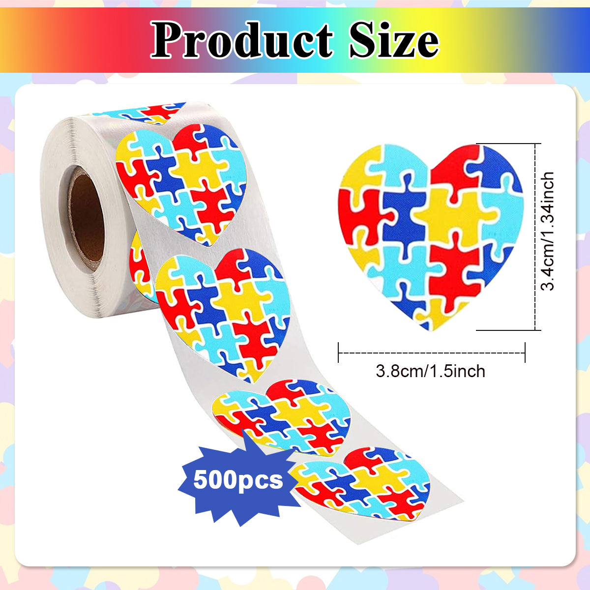 500Pcs Heart-Shaped Autism Stickers - Colorful Puzzle Self-Adhesive Labels for Events, Gifts & Packaging, Envelope Tab Sealer Autism Awareness Gifts for Women Men Kids Teen