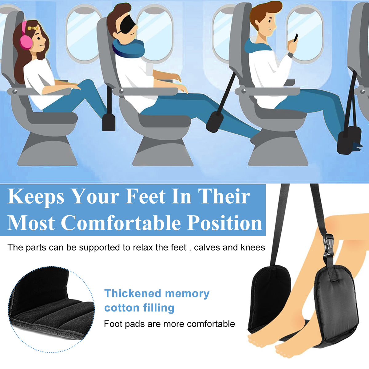 Airplane Footrest Hanging Travel Foot Rest with Ear Plugs & Eye Mask, Airplane Travel Accessories, Foot Hammock Portable Plane Leg Rest, Provides Relaxation and Comfortable for Long Flight