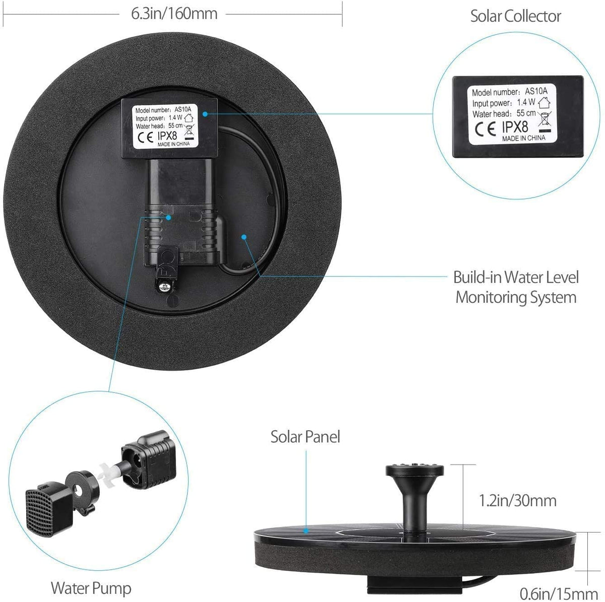 Fountain Solar Power Floating Water Pump for Pool Pond Garden and Patio Plants Round 7V 1.4W (Black)