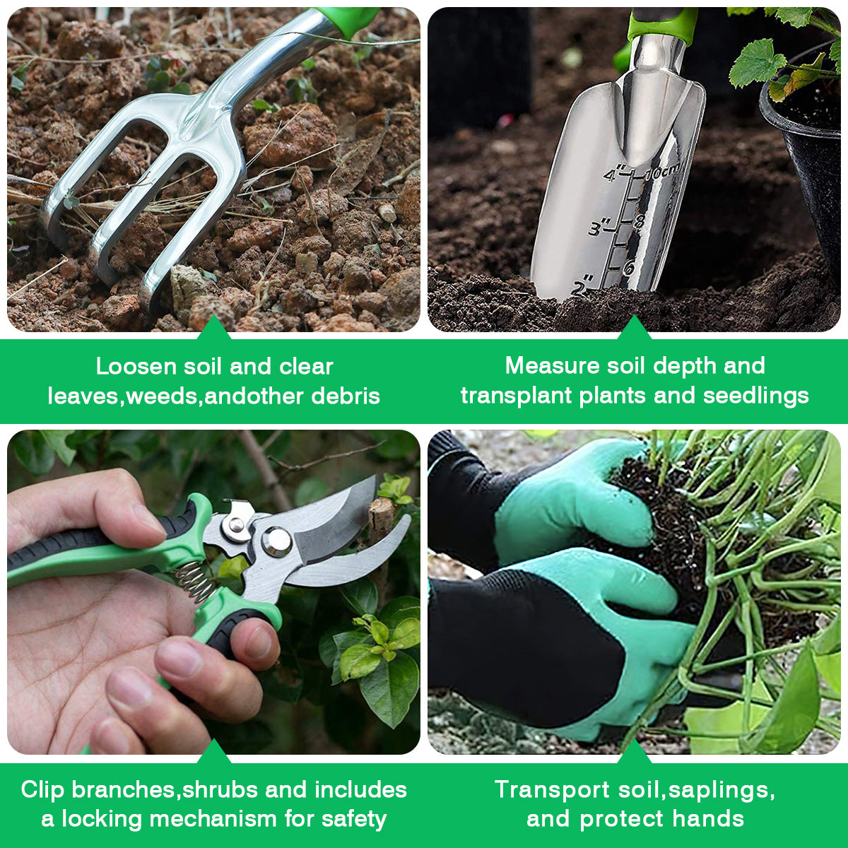 4Pcs Garden Tools for Home Gardening Stainless Steel Heavy Duty Tools, Gardening Transplanting Spade, Cultivator, Pruner and Gardening Gloves, Farming Tools Garden Tool Sets