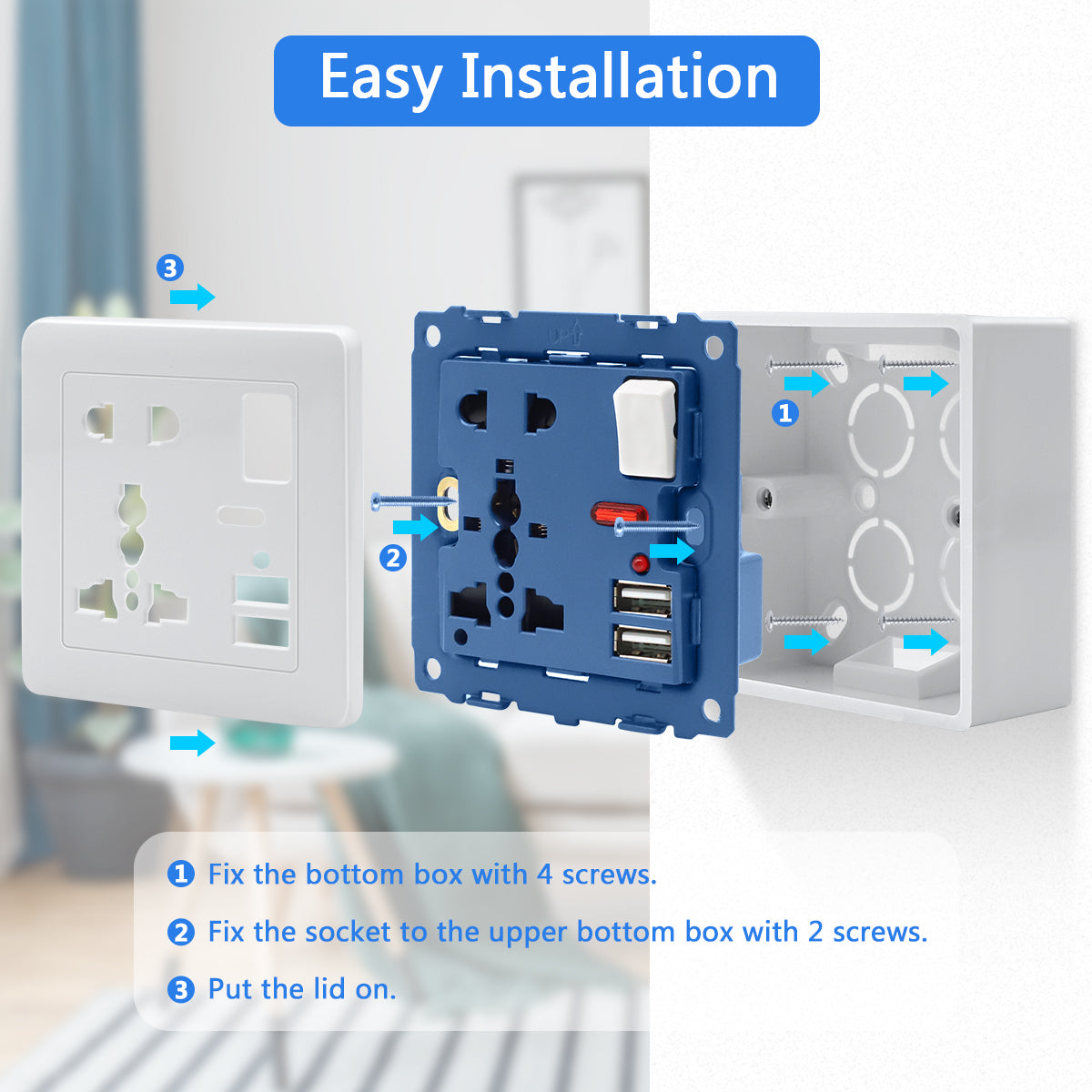 2.1A 2 USB Multi Plug Socket,Switch-Control Wall Socket,with Installation Box,13A-250V Charger Power Panel Receptacle 5 Outlet Switch (White PC)