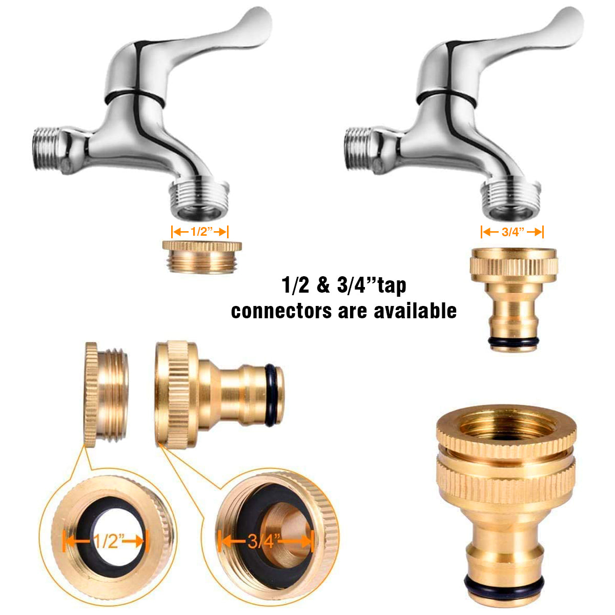 2 in 1 Set Universal Tap Connector, Tap Connector Brass Adapter Quick Release Coupling, Pipe Connector for Tap 3/4 and 1/2 inch, Universal Faucet Adapter for Garden Hose Pipe Fitting