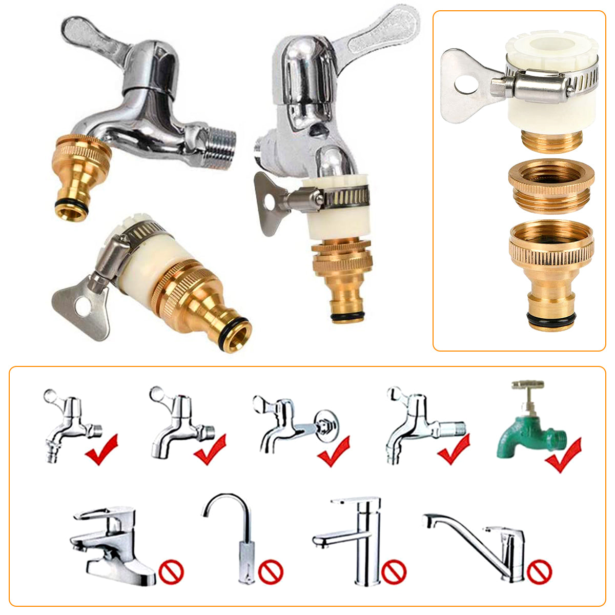 2 in 1 Set Universal Tap Connector, Tap Connector Brass Adapter Quick Release Coupling, Pipe Connector for Tap 3/4 and 1/2 inch, Universal Faucet Adapter for Garden Hose Pipe Fitting