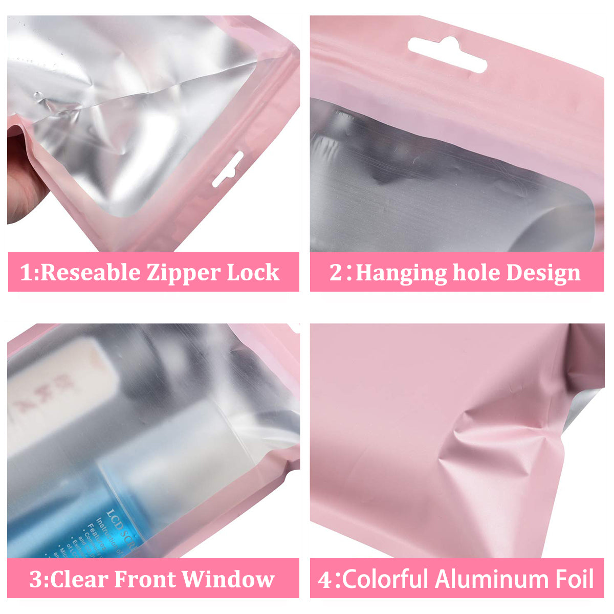 100 Pcs Smell Proof Mylar Bags For Chocolate, Candy, Treats Resealable Multifunctional Cookie Bags for Storing Food, Jewellery and Hardware (Pink, 8 X 13cm)