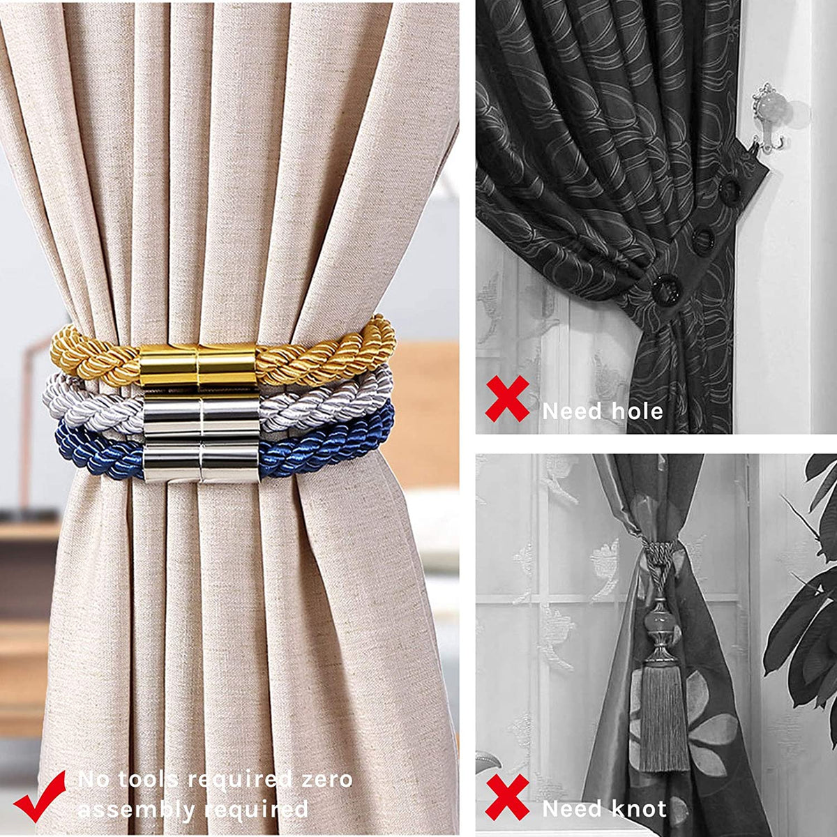 Magnetic Curtain Tie Backs Clips Curtain Buckles Holdbacks Binding Weaving Tie Band 2 Pieces for Home Office Decorative