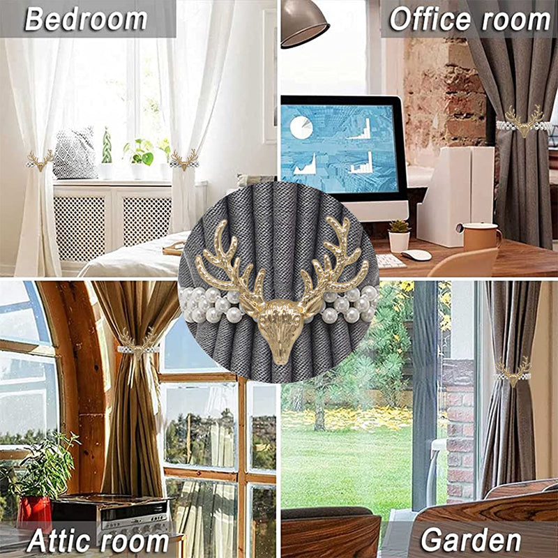 2pcs Curtain Holders Tieback Metal TieBacks with Classy Small Pearl Elastic Rope Curtains Tie Backs for Home Office Hotel Window Drape Decor (Gold)