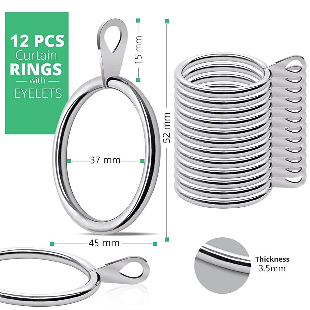 Metal Curtain Rings 12PCS - Bigger Curtain Rings Metal with 37mm Inner Diameter & Eyelets for Window Rods, Durable & Rustproof Curtain Hooks for Drapes, Curtain, Bath Curtain (Silver)