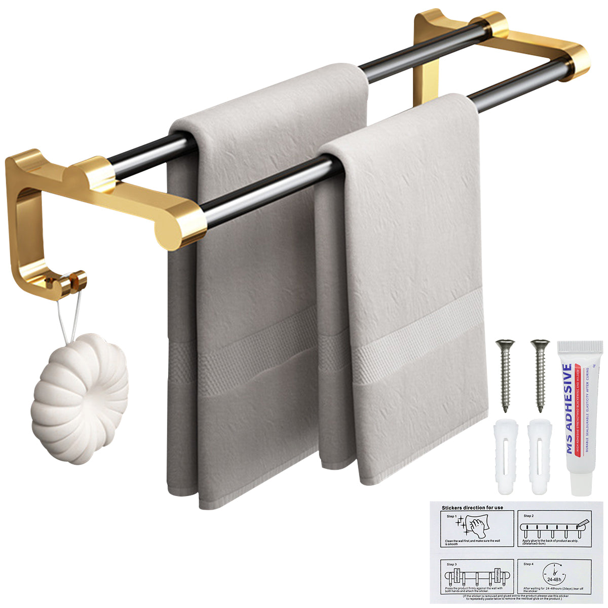 24 Inch Towel Hanger for Bathroom, Aluminum Towel Rack with 2 Towel Bar Towel Shelf & 2 Hooks, Towel Rack Rustproof Storage Wall Mount for Bathroom, Towel Stand, Hanger