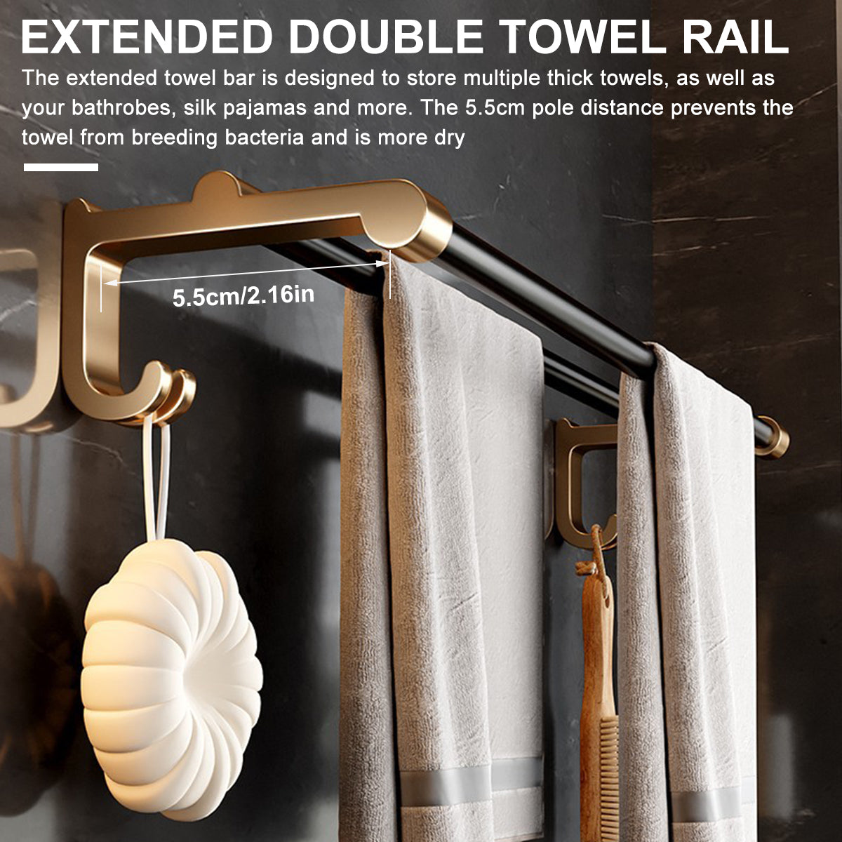 24 Inch Towel Hanger for Bathroom, Aluminum Towel Rack with 2 Towel Bar Towel Shelf & 2 Hooks, Towel Rack Rustproof Storage Wall Mount for Bathroom, Towel Stand, Hanger