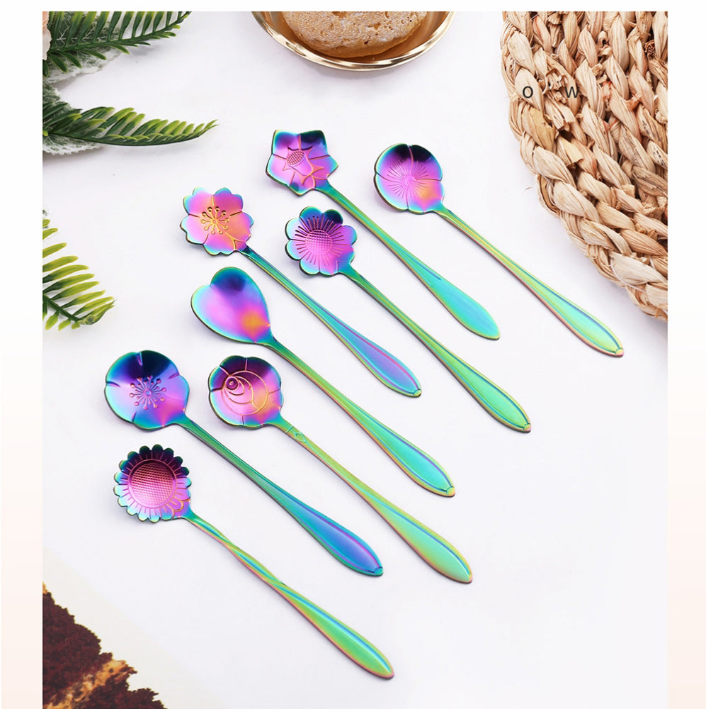 8Pcs Colorful Stainless Steel Coffee Spoon Set, Reusable Teaspoons Coffee Sugar Stirring Spoon, Dessert Cake Spoons Tea Scoops (Rainbow Flower)