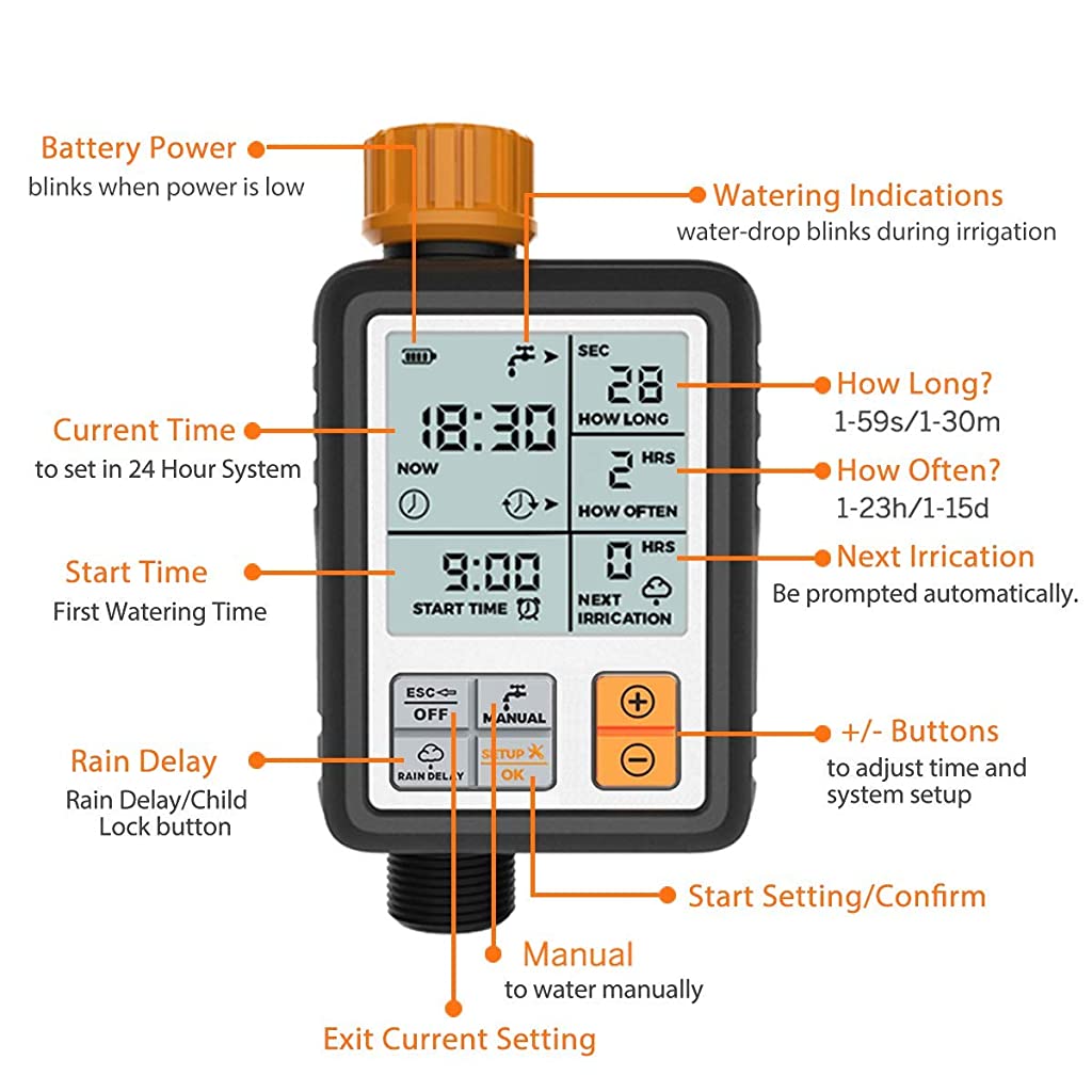 Drip Irrigation Timer for Garden Farm, Irrigation Water Timer Programmable Timer, Automatic Watering System, Waterproof Digital Irrigation Timer System for Lawns Yellow