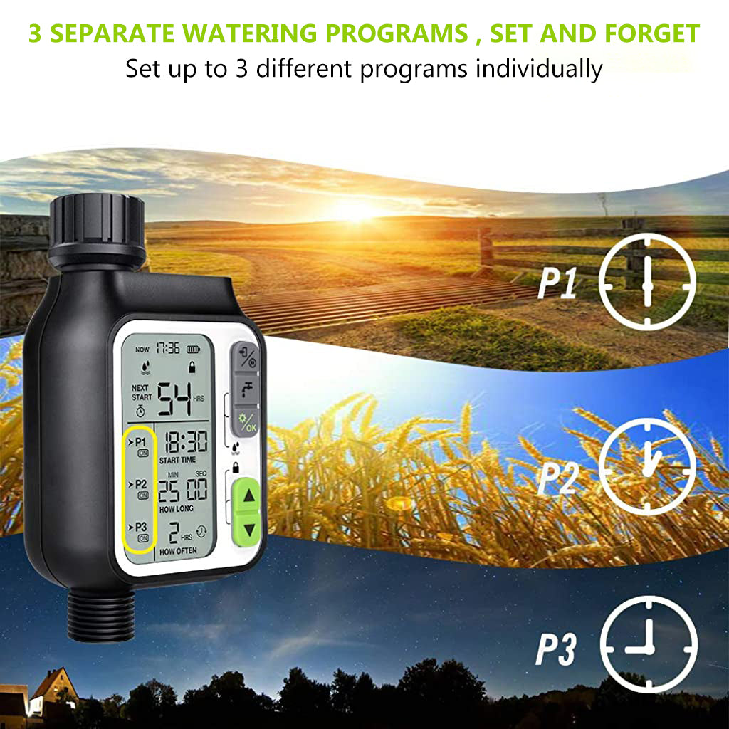 Drip Irrigation Timer for Garden Farm, Irrigation Water Timer with Rainy Sensor + Multi Programs Automatic Watering System, Waterproof Digital Irrigation Timer System for Lawns