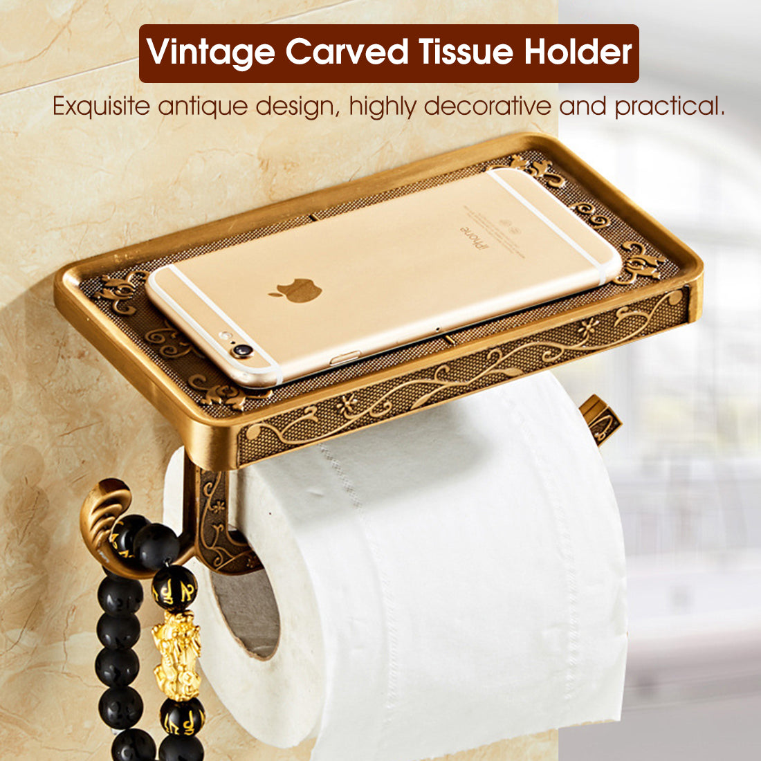 Toilet Paper Roll Holder with Phone Shelf, Anti-Rust Aluminum Antique 3D Carving Wall-Mounted Toilet Paper Holder for Bathroom Washroom Hotel (7.29 * 3.94 * 3.75inch)