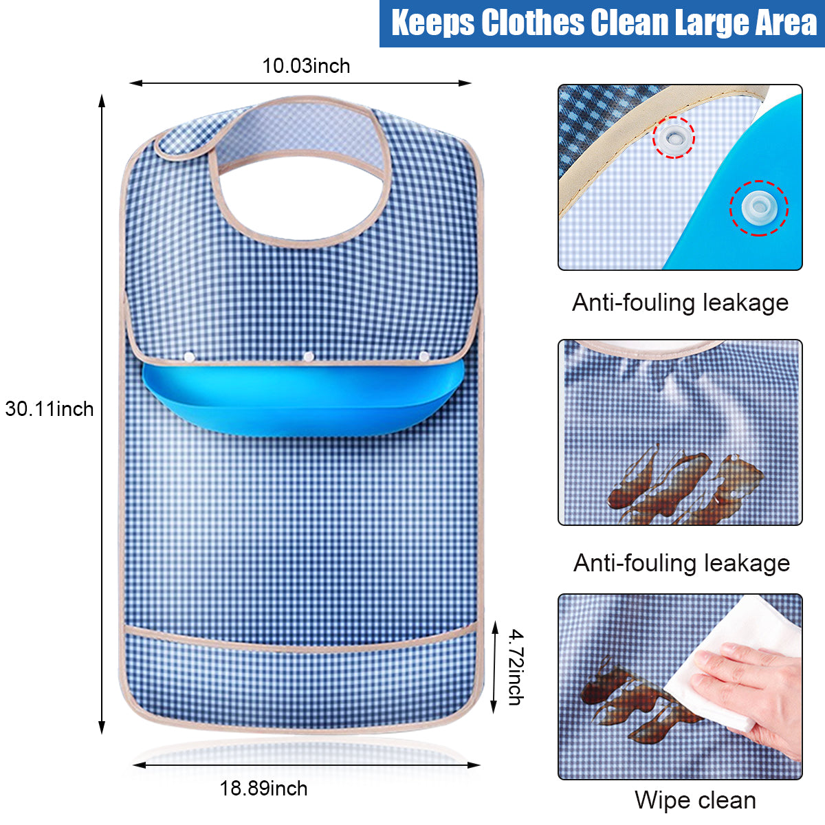 Adult Bibs, Waterproof Adjustable with Leakproof Pocket, The Eldly Bib Adult Washable Dining Bibs for Men, Women Eating Cloth for Elderly Seniors and Disabled (Blue)