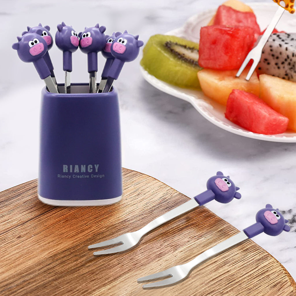 HASTHIP® 6Pcs Food Fruit Forks for Kids, Food Grade Stainless Steel Children's Food Fork with Base, Reusable Cute Cow Little Forks Dessert Forks for Cake Dessert Pastry Party, 4.65inch (Purple)