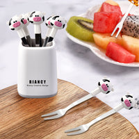 HASTHIP® 6Pcs Food Fruit Forks for Kids, Food Grade Stainless Steel Children's Food Fork with Base, Reusable Cute Cow Little Forks Dessert Forks for Cake Dessert Pastry Party, 4.65inch (White)