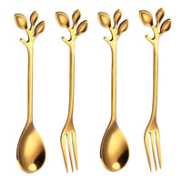HASTHIP® Golden Spoon Set/Coffee Spoon/Dessert Fork/Cutlery Kitchen Tableware/Stainless Steel Gold Leaf Coffee Spoon Appetizer Fork, 4.7 Inches, 4 Pcs (Gold-2 Spoon+2 Forks)
